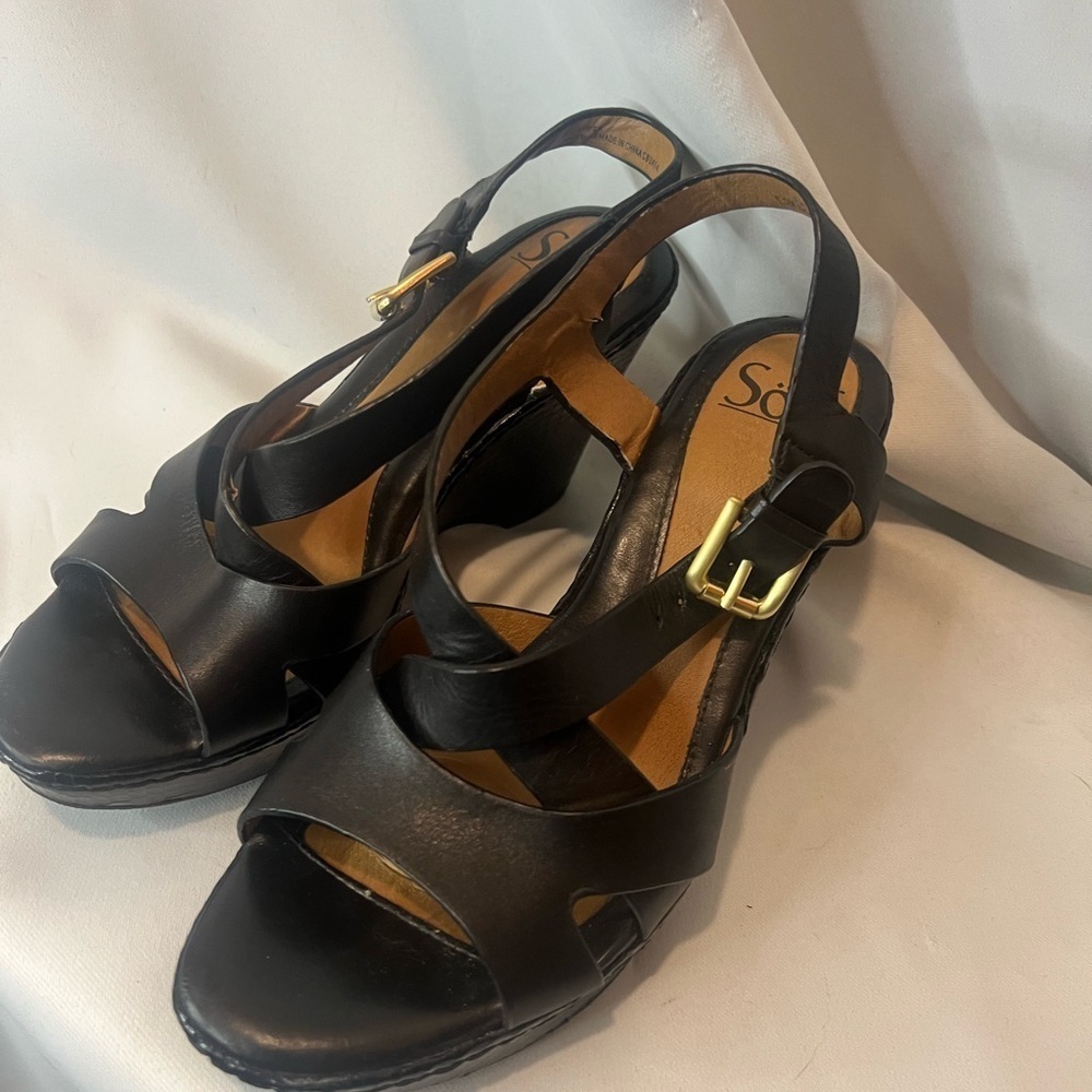 Söfft Black Leather Crisscross Slingback Wedge Sandals Comfort Size 6.5 - Picture 4 of 8